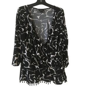 DressBarn Collection 3X Women’s Black White Ruched Wrap Top Beaded Hem Sequence